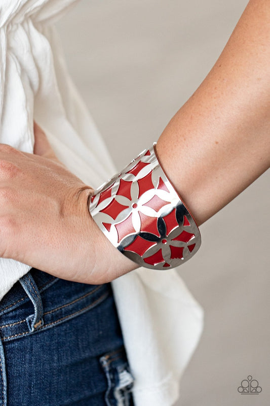 Garden Fiesta - Red Leather/Silver Daisy Stenciled Paparazzi Cuff Bracelet
