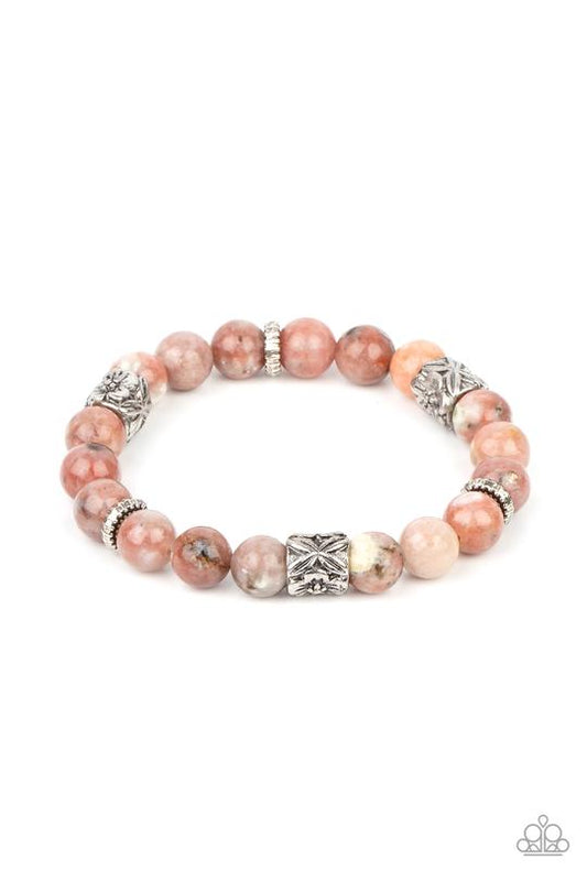 Garden Zen - Pink Stone Beads/Textured Silver Rings/Floral Embossed Beaded Paparazzi Stretch Bracelet