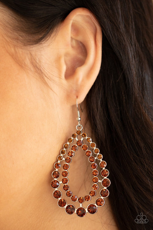Glacial Glaze - Brown/Topaz Rhinestone Teardrop Shaped Paparazzi Earrings