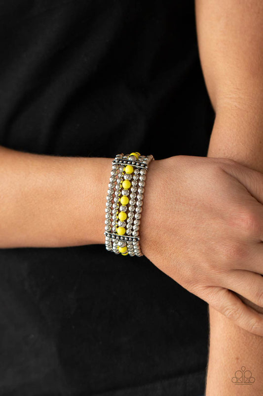 Gloss Over The Details - Yellow & Silver Beaded Stretch Paparazzi Bracelet