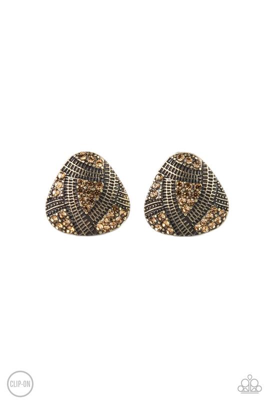 Gorgeously Galleria - Brass Studded Ribbons/Topaz Rhinestone Paparazzi CLIP ON Earrings