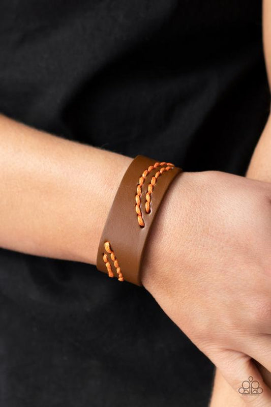 Harmonic Horizons - Orange Stitched Cording/Brown Leather Paparazzi Snap Bracelet