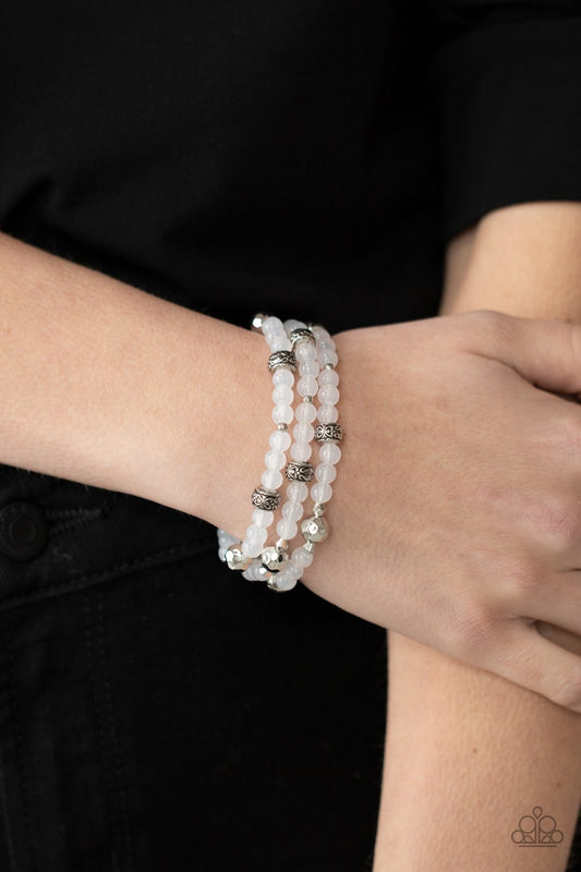 Here to STAYCATION - White Glassy Beads, Floral Accents, & Faceted Silver Beaded Set of 3 Paparazzi Stretch Bracelets