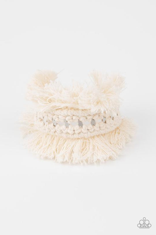 Homespun Hardware - White Macramé Inspired Paparazzi Cuff Bracelet