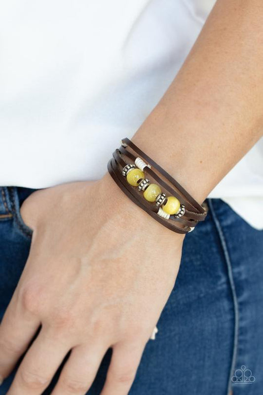 Homespun Radiance - Yellow Cat's Eye Stone Beads, Silver Accents, & Layered Leather Band Paparazzi Urban Bracelet