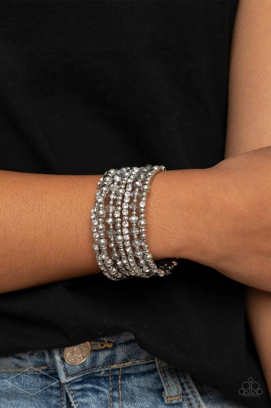 ICE Knowing You - Silver Bead/Silver Cubes/Metallic Crystals/White Rhinestone Paparazzi Coil Bracelet