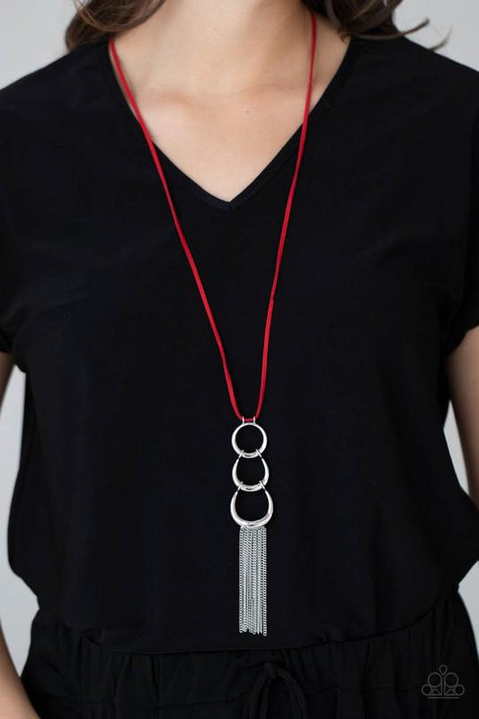 Industrial Conquest - Red Suede/Silver Interlocking Ring Pendant Paparazzi Necklace & matching earrings