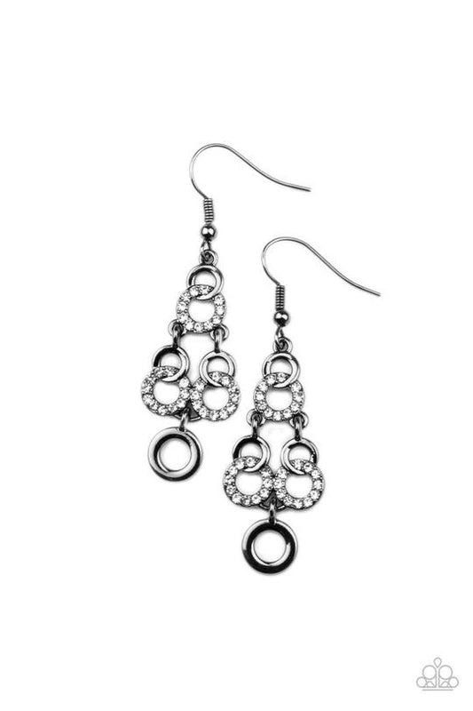 Luminously Linked - Gunmetal & White Rhinestone Linked Hoop Paparazzi Earrings
