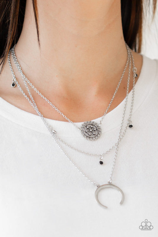 Lunar Lotus - Black Beads/Silver Floral Frame/Silver Crescent Frame Paparazzi Necklace & matching earrings