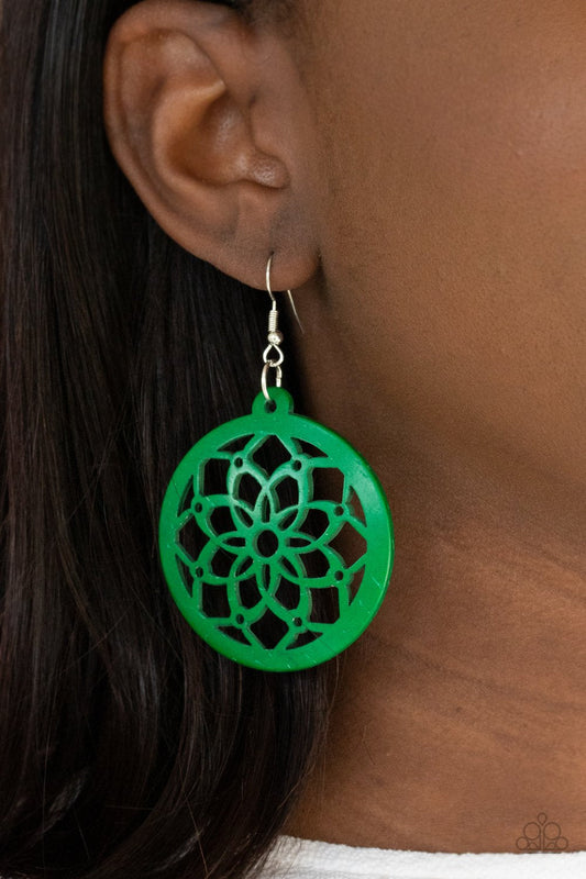 Mandala Meadow - Green Wooden Airy Mandala-Like Pattern Paparazzi Earrings