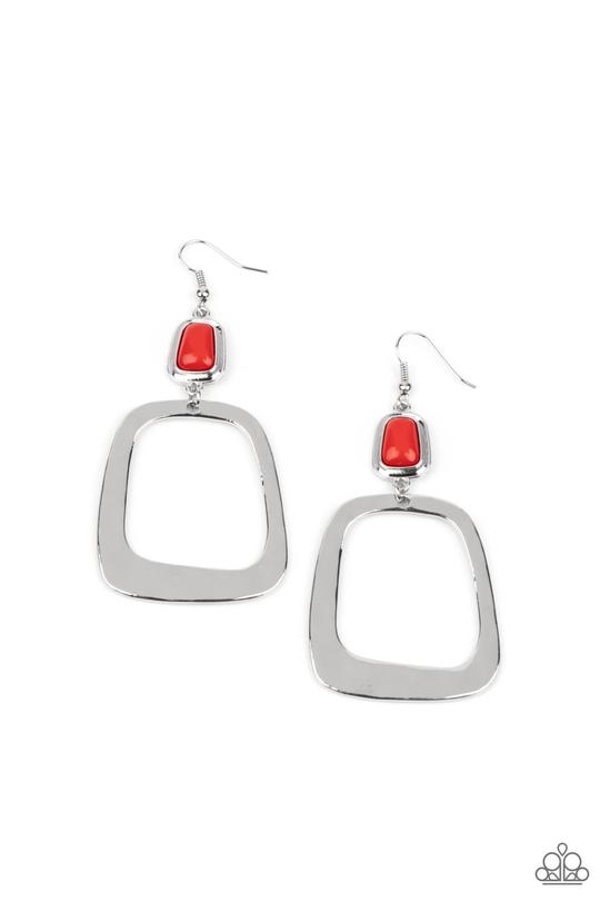 Material Girl Mod - Red Rectangular Bead/Square Hoop Paparazzi Earrings