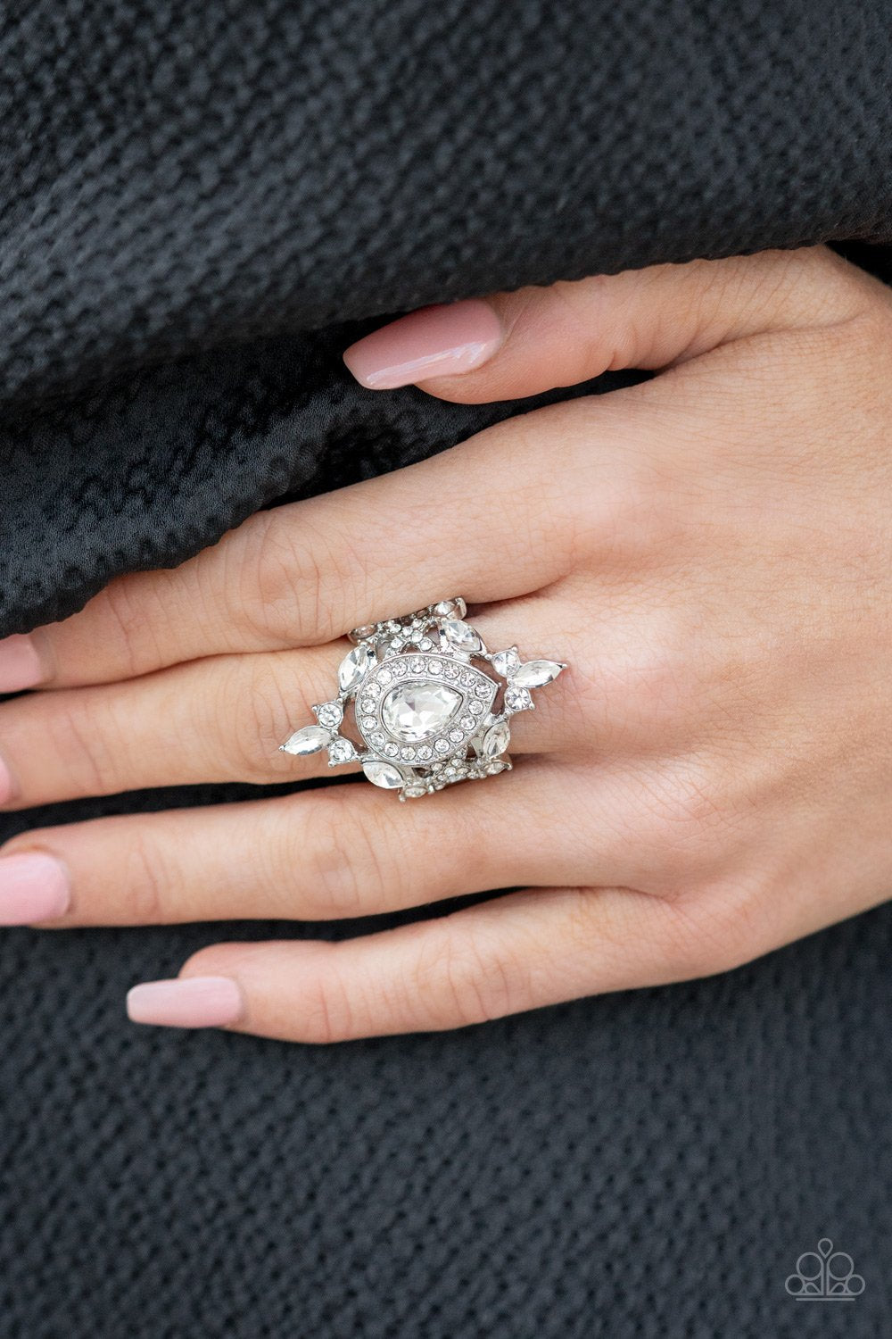 Mega Stardom - White Round, Marquise & Dainty Rhinestone Paparazzi Ring