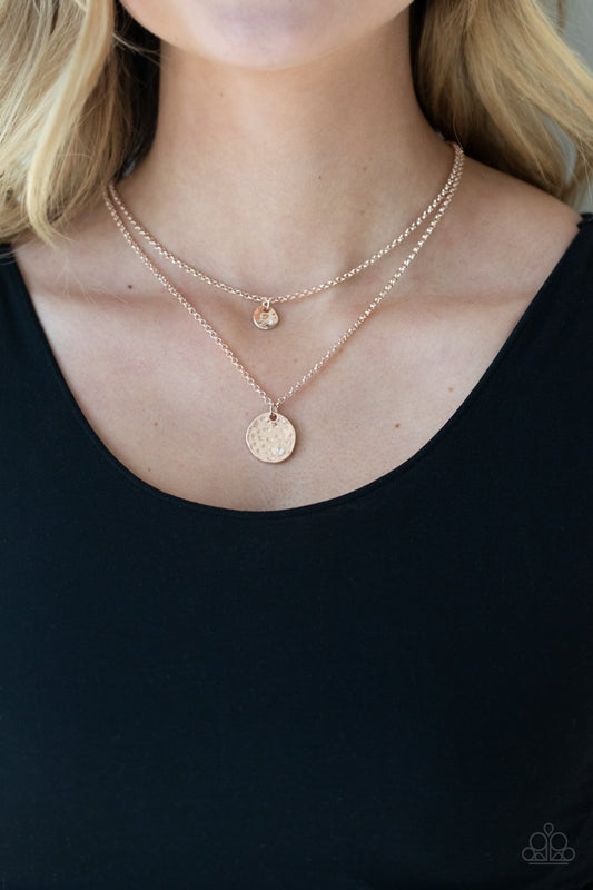 Modern Minimalist - Rose Gold Hammered Discs & White Rhinestone Paparazzi Necklace & matching earrings