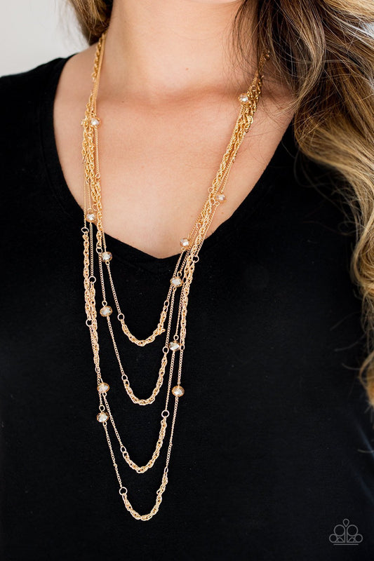 Open For Opulence - Gold Crystal-Like Bead/3 Silver Mismatched Chain Paparazzi Necklace & matching earrings