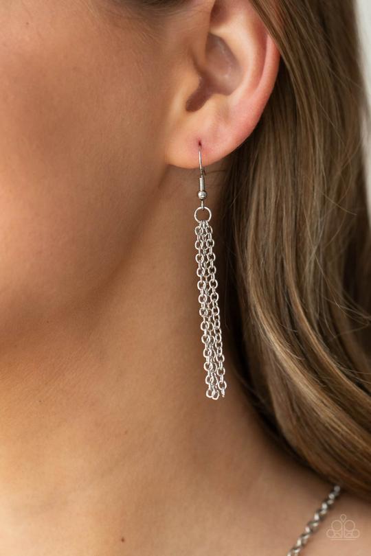 Orbiting Splendor - Silver Linked Hoop & Chain Tassel Pendant Paparazzi Necklace & matching earrings
