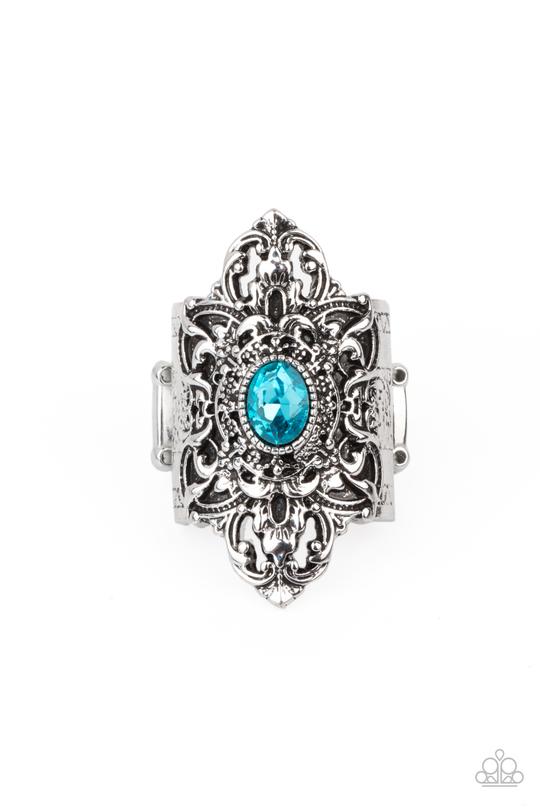Perennial Posh - Blue Rhinestone & Scalloped Silver Frame Paparazzi Ring
