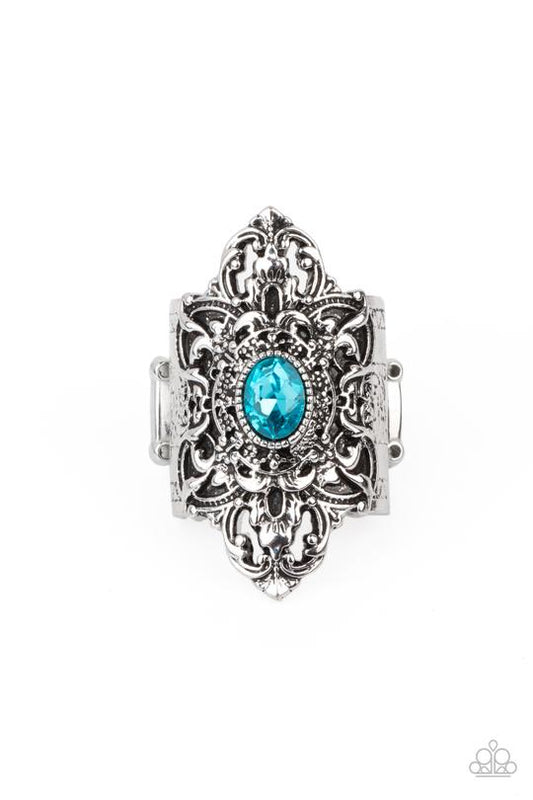 Perennial Posh - Blue Rhinestone & Scalloped Silver Frame Paparazzi Ring