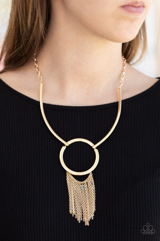 Pharaoh Paradise - Gold Bowing Bars, Gold Hoop, & Gold Chain Fringe Paparazzi Necklace & matching earrings