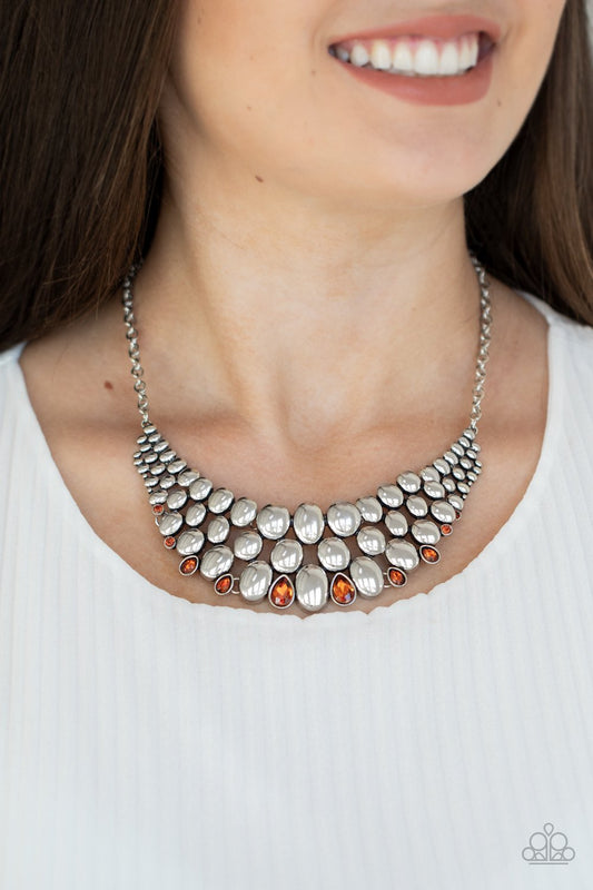 Powerhouse Party - Brown/Topaz Rhinestone/Antiqued Silver Ovals Paparazzi Necklace & matching earrings