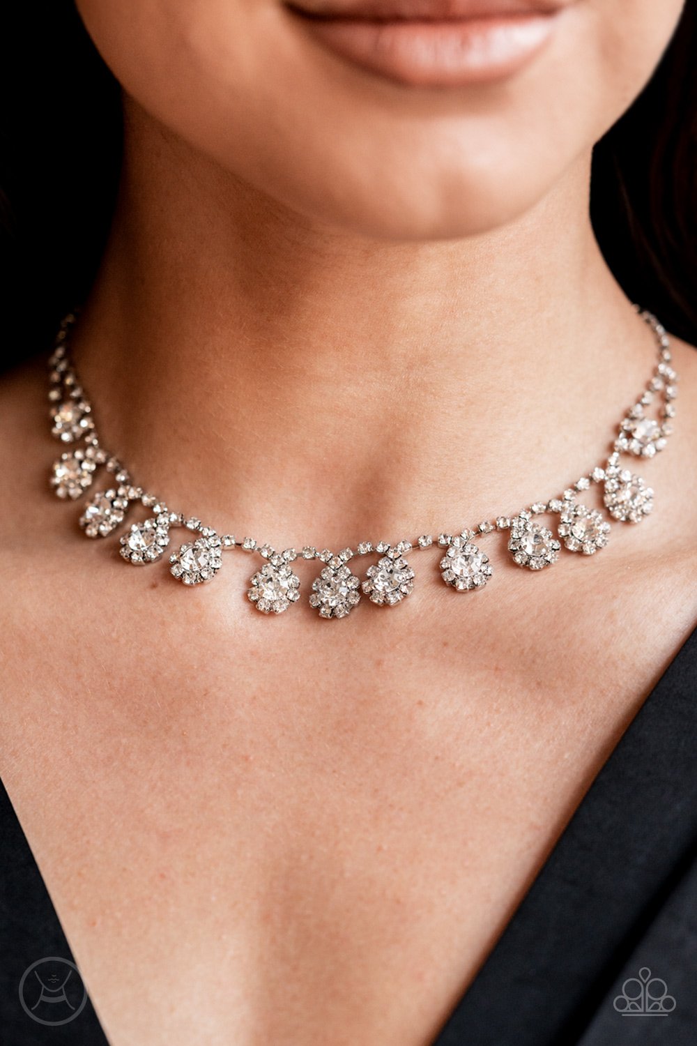 Princess Prominence - White Rhinestone Fringe Paparazzi Choker Necklace & matching earrings