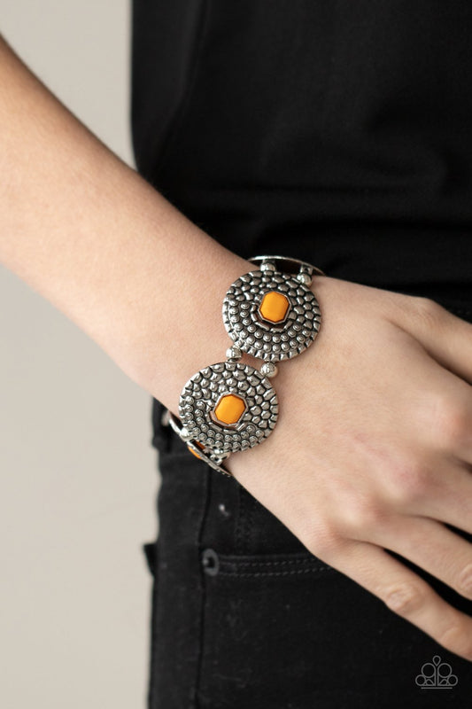 Prismatic Prowl - Orange Marigold Enerald Shaped Bead/Silver Metallic Croc-Like Texture Paparazzi Stretch Bracelet