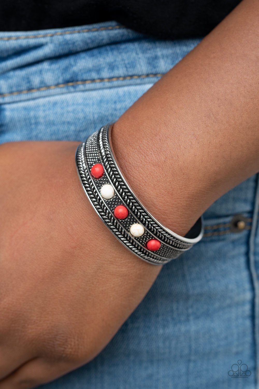 Quarry Quake - Red & White Dainty Beaded Paparazzi Cuff Bracelet