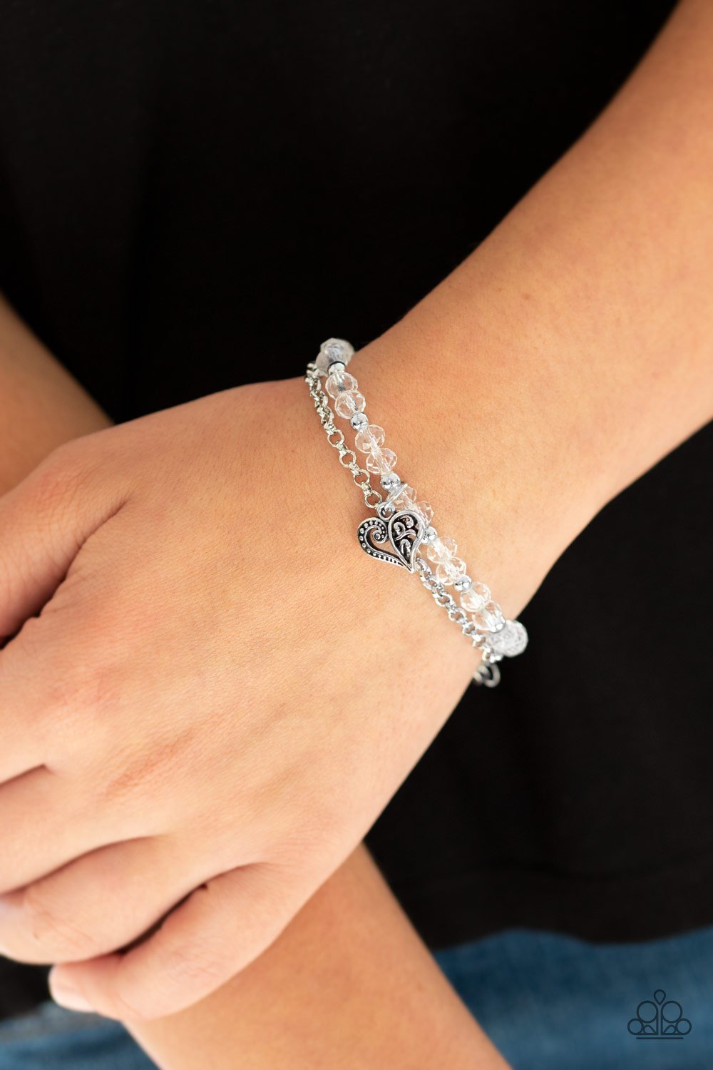 Rare Romance - White Beads/Dainty Silver Heart Charm Paparazzi Adjustable Bracelet