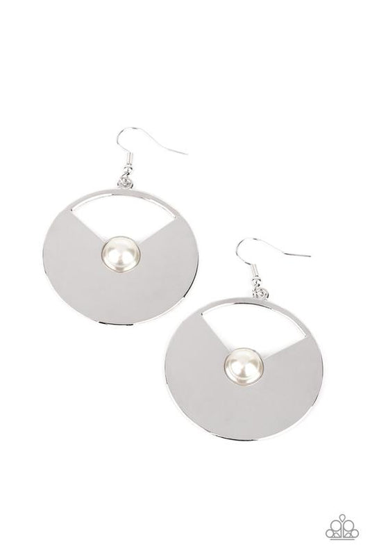 Record-Breaking Brilliance - White Pearl Center/Oversized Silver Disc Paparazzi Earrings