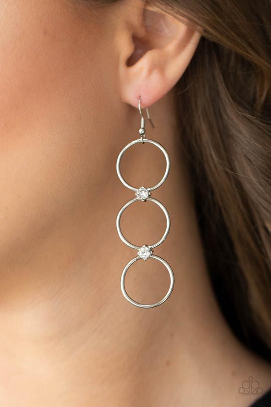 Refined Society - White Rhinestone Accents/Three Joined Silver Hoops Paparazzi Earrings