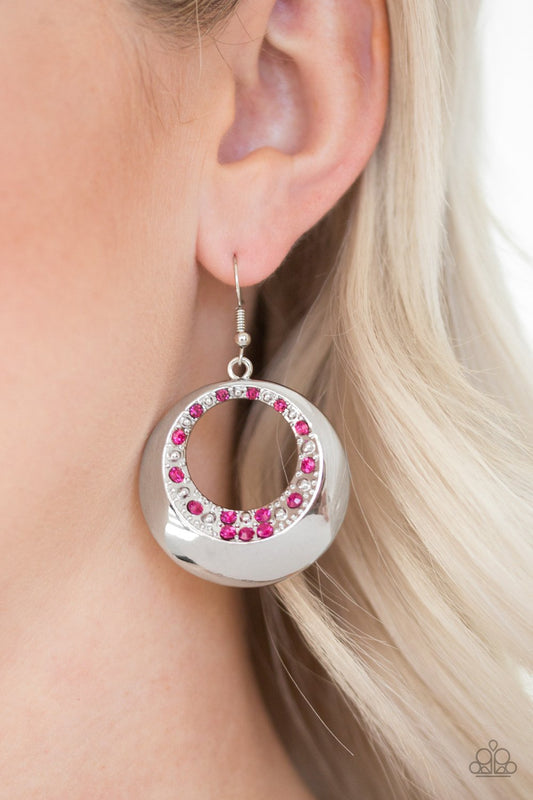 Ringed in Refinement - Pink Rhinestone & Silver Studded Paparazzi Earrings