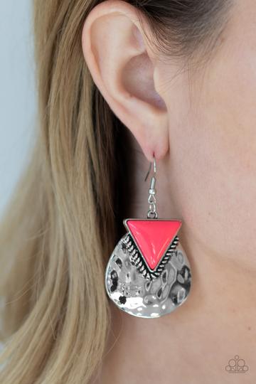 Road Trip Treasure - Pink Triangular Beaded Hammered Silver Rustic Paparazzi Earrings