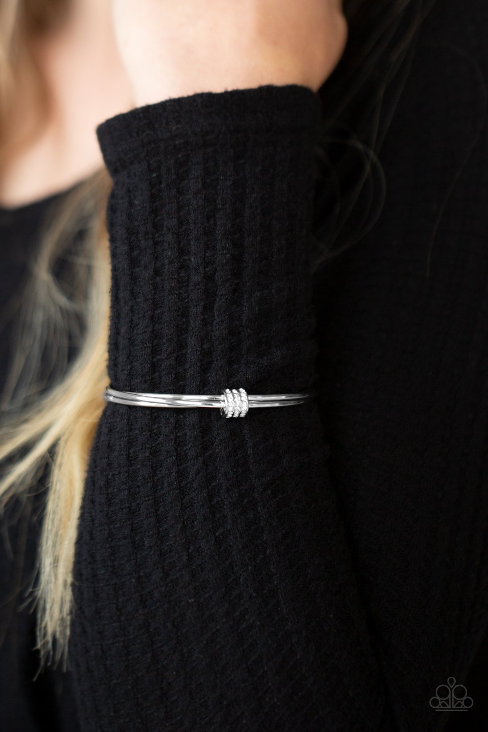 Roll Out The Rhinestones - White Rhinestone Fitting & Trio of Silver Bangles Paparazzi Earrings