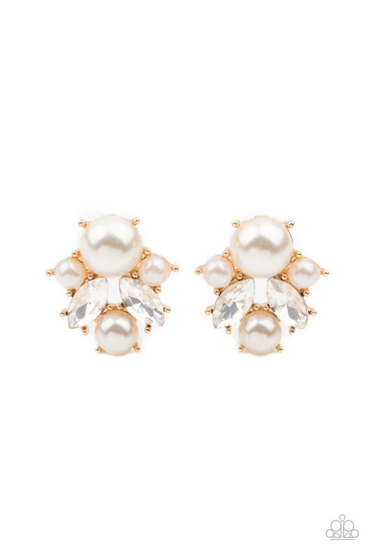 Royal Reverie - Gold & White Pearl Cluster Paparazzi Post Earrings