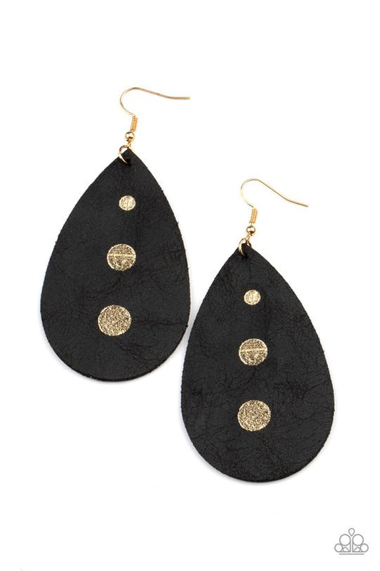 Rustic Torrent - Black Leather/Gold Accent Paparazzi Earrings