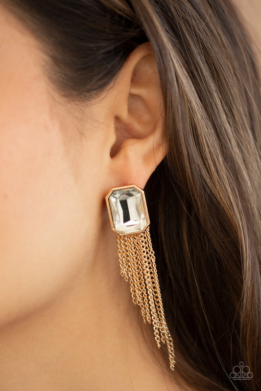 Save for a REIGNy Day - Gold Fringe Paparazzi Double-Sided Post Earrings