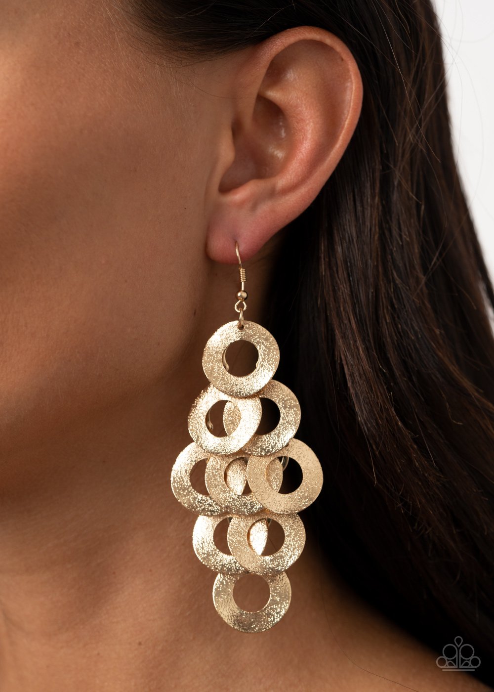 Scattered Shimmer - Gold Hammered Curved Overlapped Ring Earrings