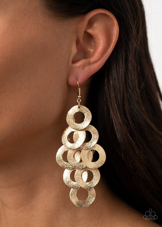 Scattered Shimmer - Gold Hammered Curved Overlapped Ring Earrings