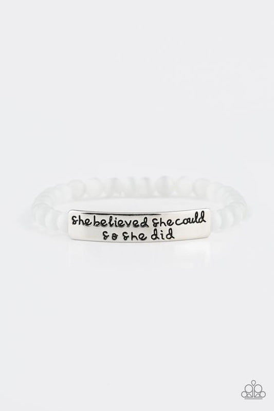 So She Did - White Cat's Eye Beads/"She Believed She Could, So She Did'" Paparazzi Stretch Bracelet