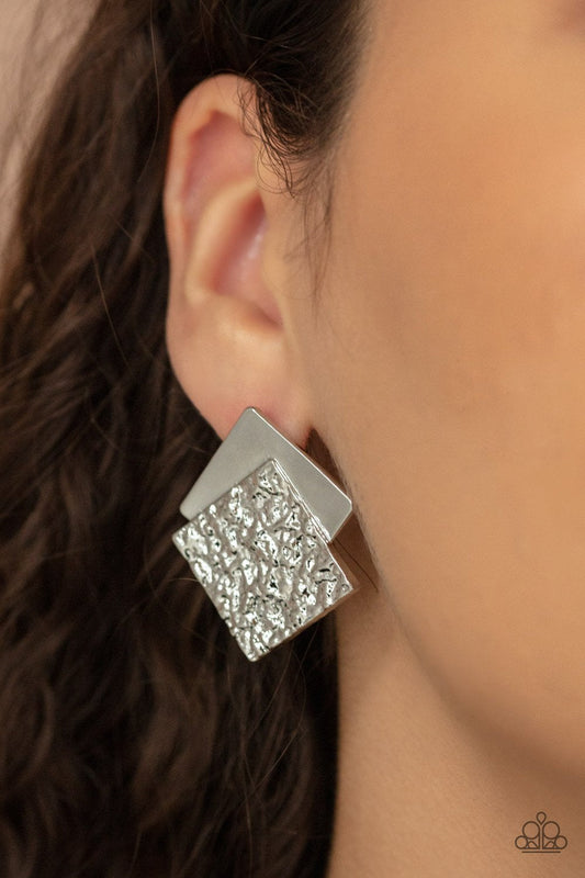 Square With Style - Silver Embossed Texture Paparazzi Post Earrings