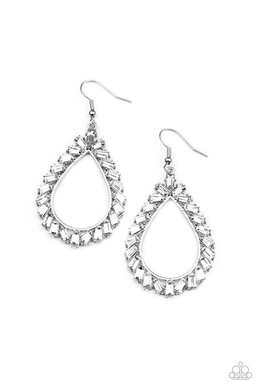 Stay Sharp - White Emerald Cut Gem Paparazzi Earrings