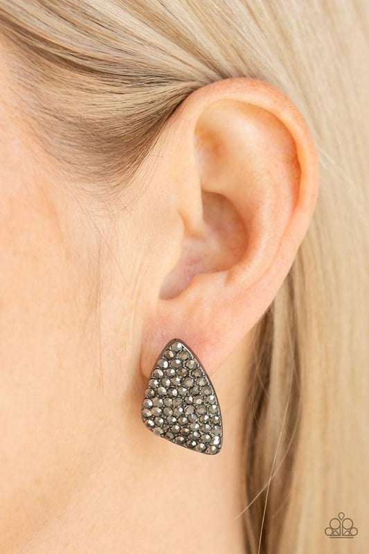 Supreme Sheen - Gunmetal & White Rhinestone Triangle Shaped Paparazzi Earrings