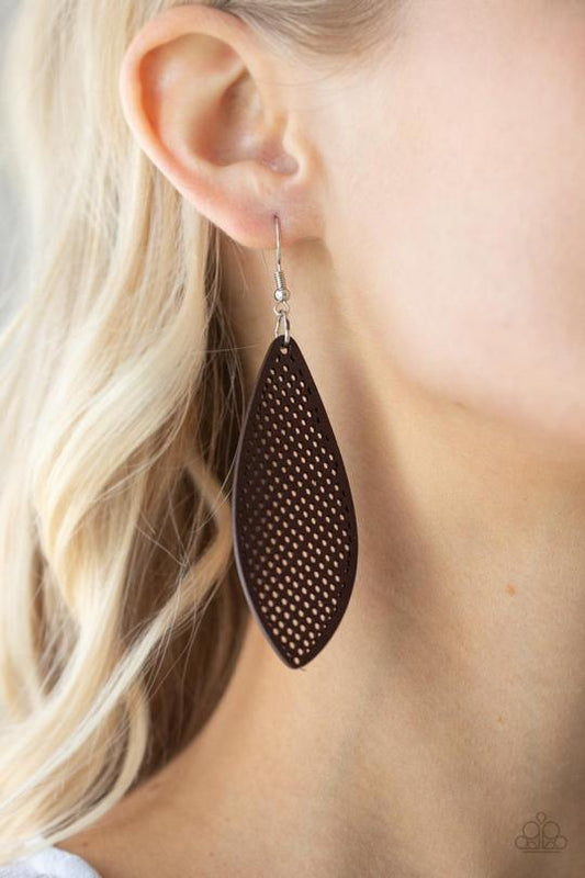 Surf Scene - Brown Asymmetrical Surfboard-Like Shape Wooden Paparazzi Earrings