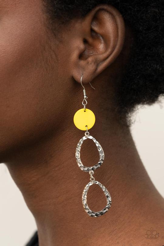 Surfside Shimmer - Yellow Pearly Shell/Asymmetrical Hoop Paparazzi Earrings