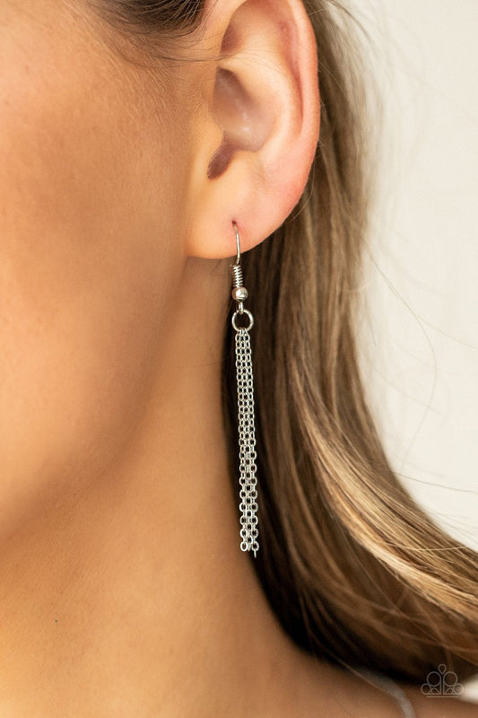 Tide You Over - White & Silver Triangular Disc/Silver Chain Tassel Pendant Paparazzi Necklace & matching earrings