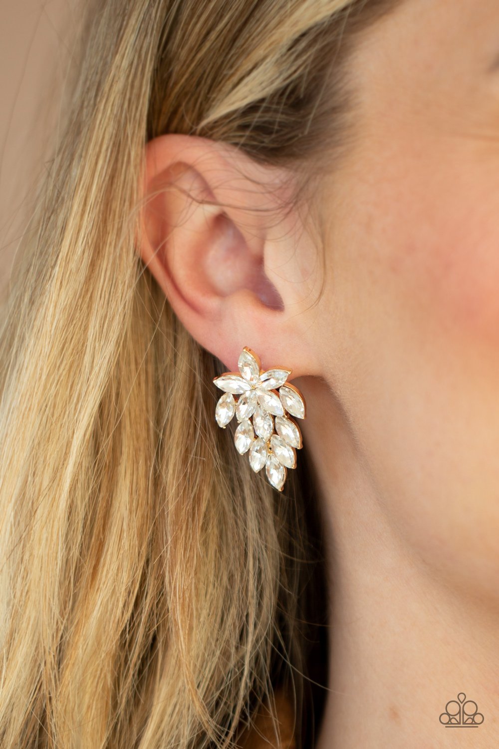 They See Me Glowin' - Gold Frame/Marquise Cut White Rhinestone Paparazzi Post Earrings