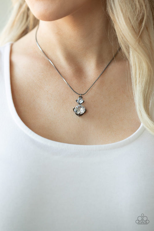 Top Dollar Diva - Gunmetal Snake Chain/Two Oversized White Rhinestone Paparazzi Pendant necklace & matching earrings