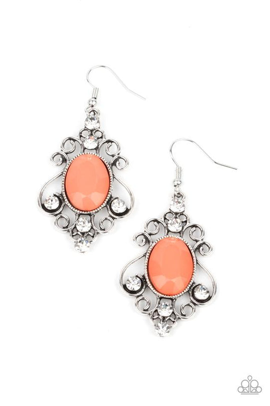 Tour de Fairytale - Orange/Burnt Coral Gem/White Rhinestone Encrusted Silver Filigree Paparazzi Earrings