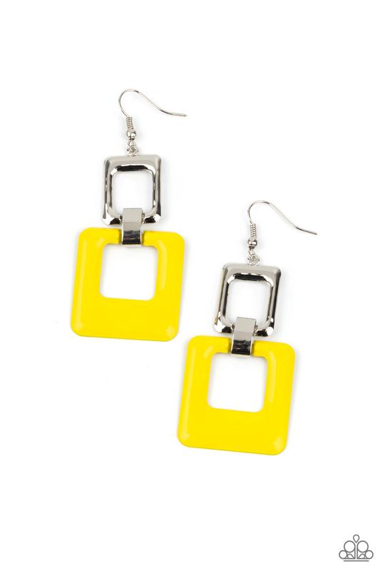 Twice As Nice - Yellow & Silver Cutout Square Paparazzi Earrings