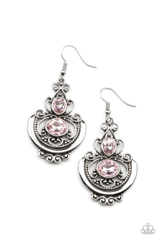 Unlimited Vacation - Pink Rhinestone/Ornate Silver Frame Paparazzi Earrings