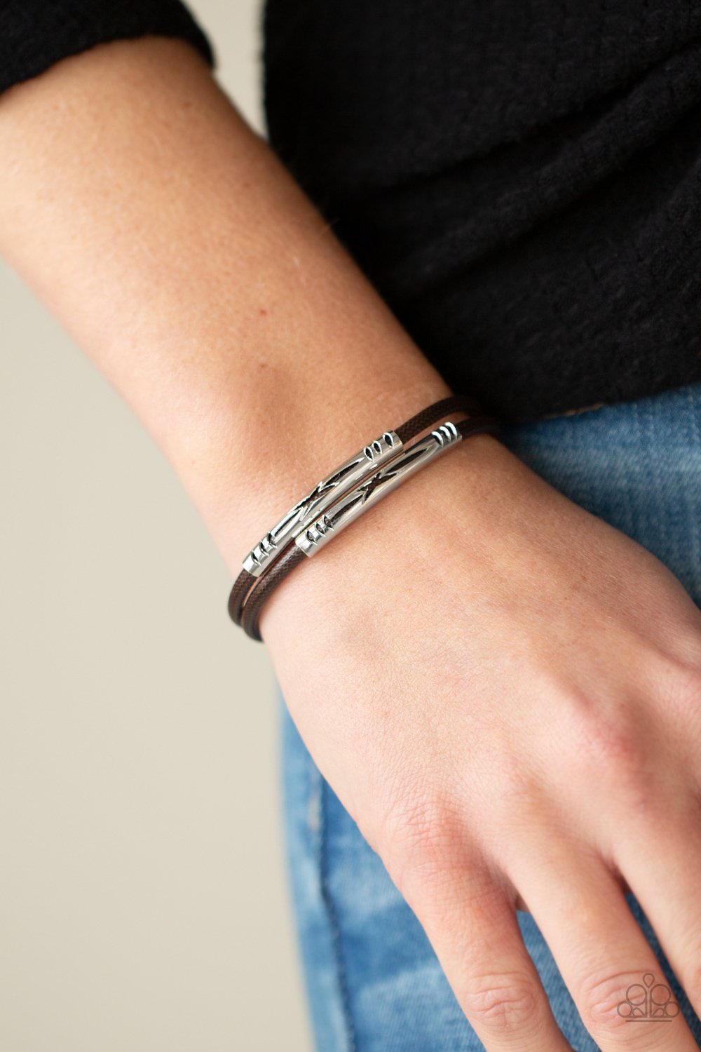 What A WANDER-ful World - Brown Cord/Tribal Inspired Stenciled Silver Bar Magnetic Paparazzi Bracelet